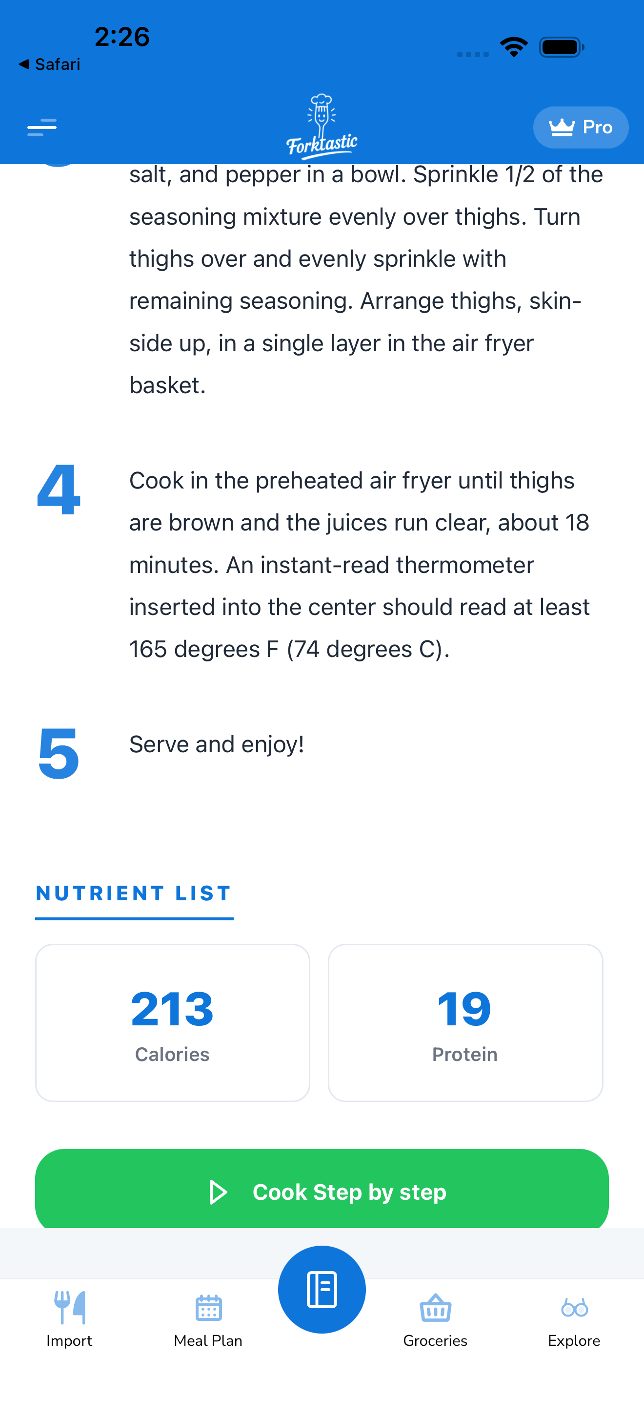 Recipe with Cook Step by step button
