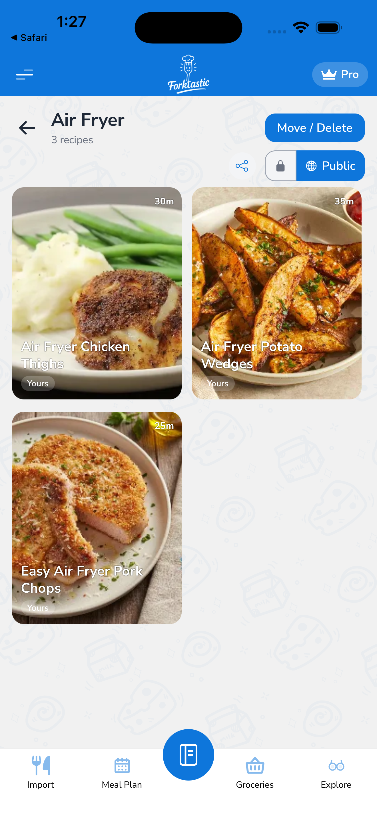 Cookbook detail view — an opened cookbook with its recipe tiles.