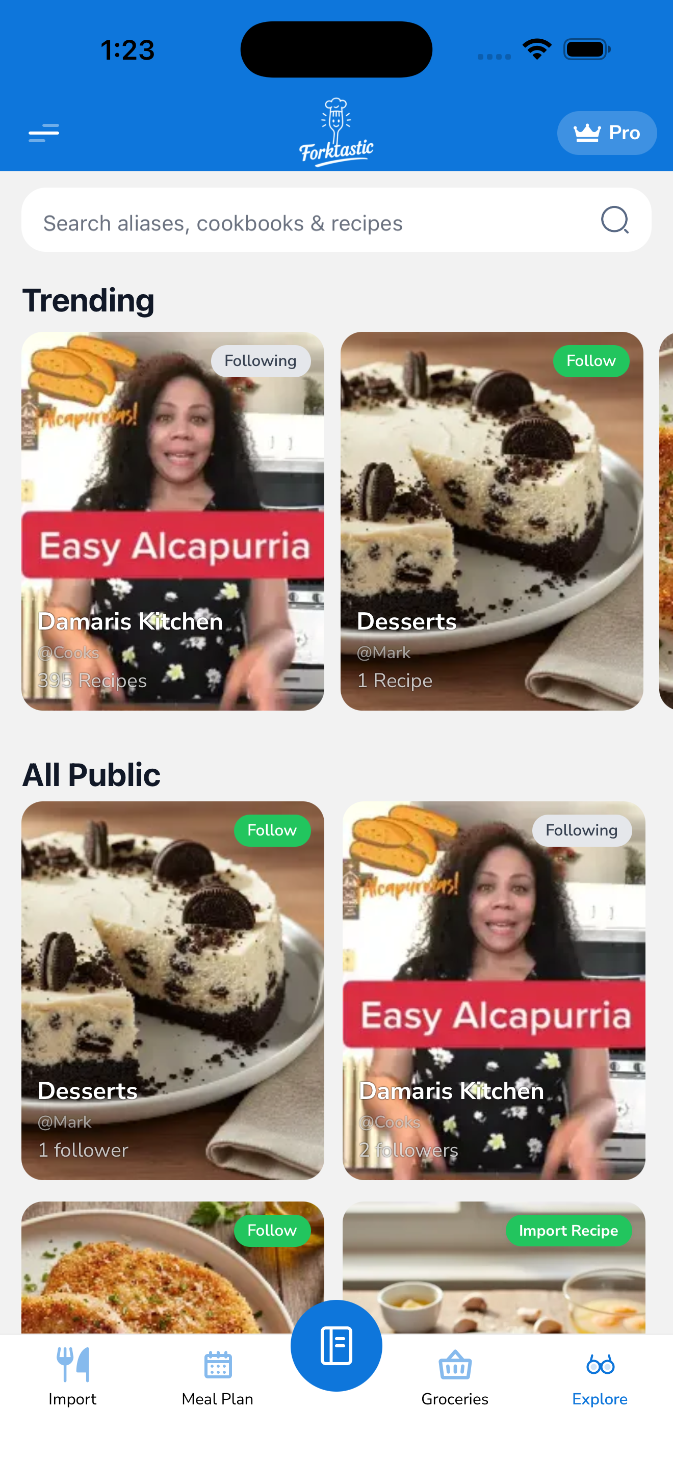 Cookbook tiles in the Explore tab with Follow buttons.