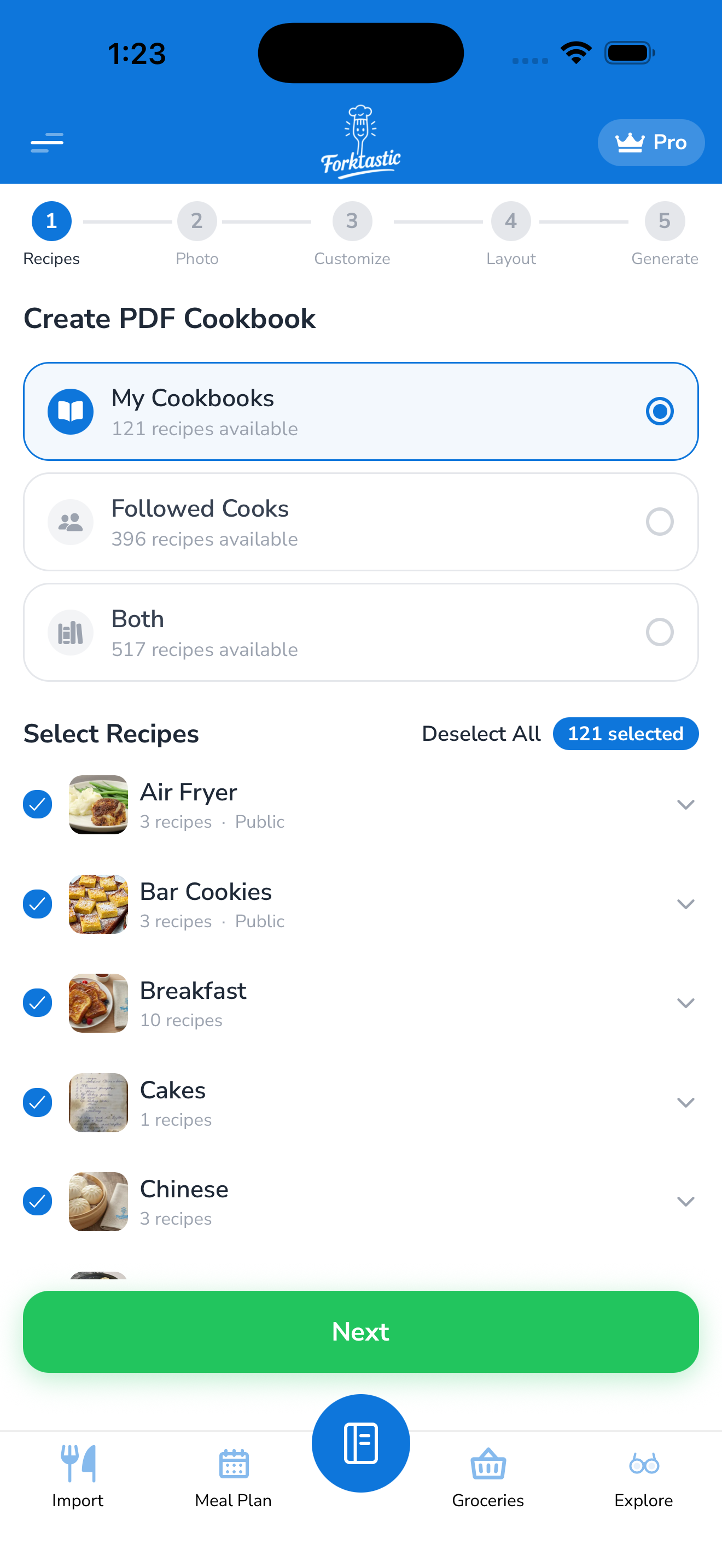 PDF Cookbook builder — step 1: Select Recipes.