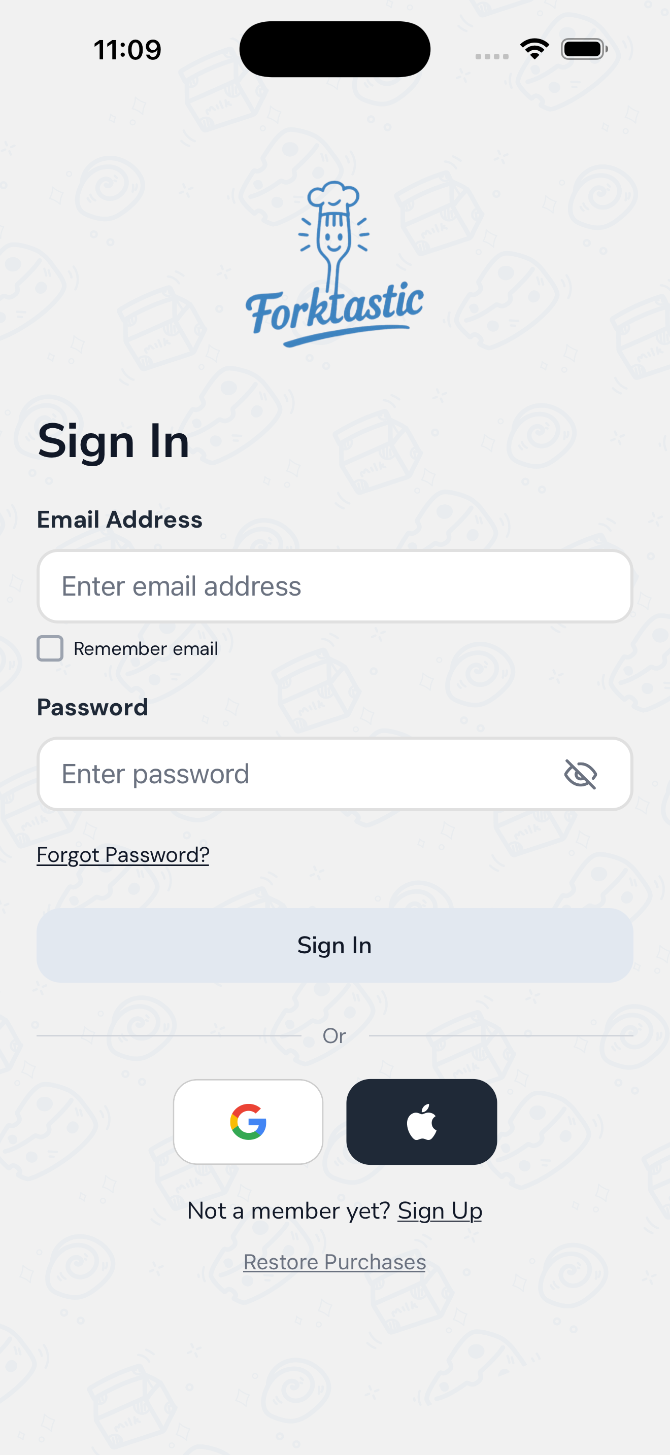 The Forktastic Sign In screen — the entry point on every device.