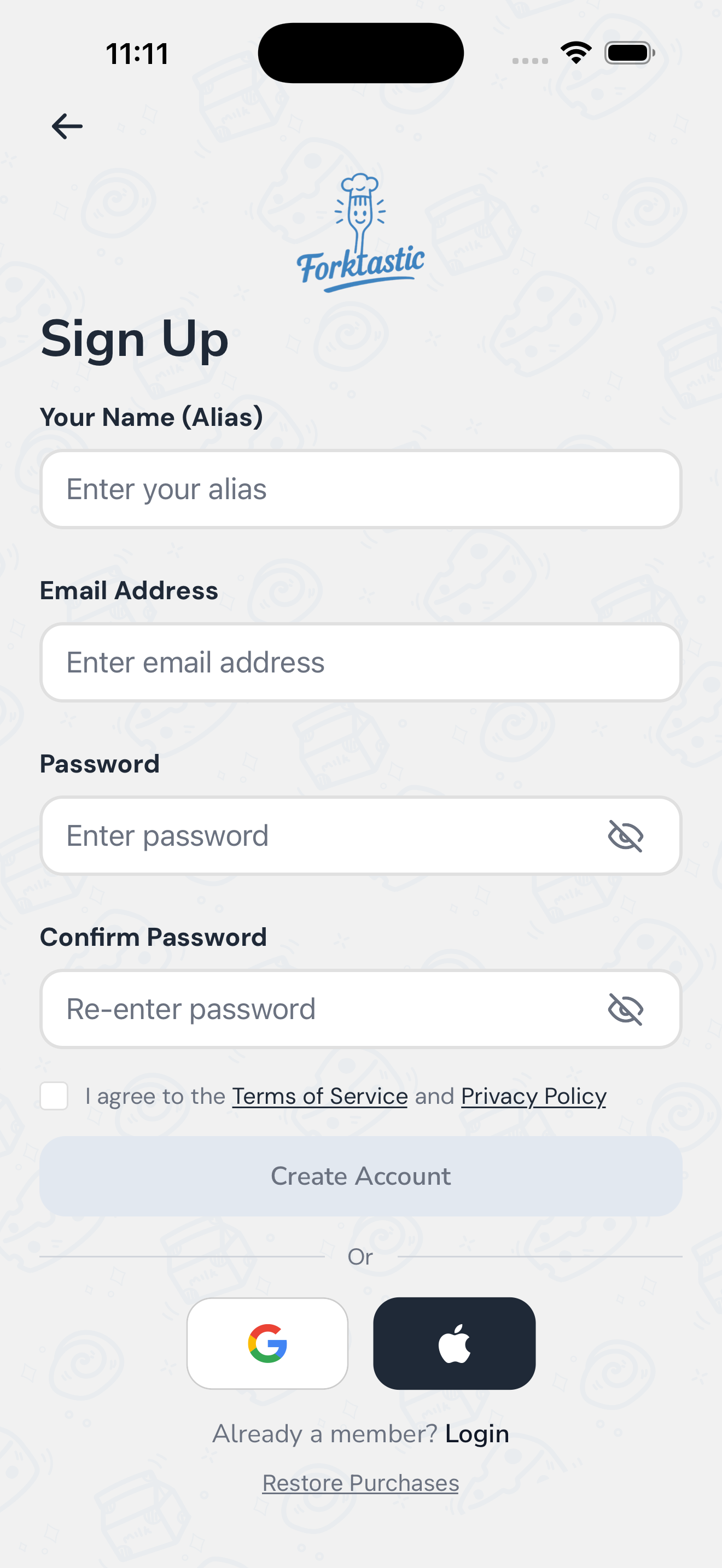 Forktastic Sign Up screen with name, email, password, and Apple/Google sign-in options.