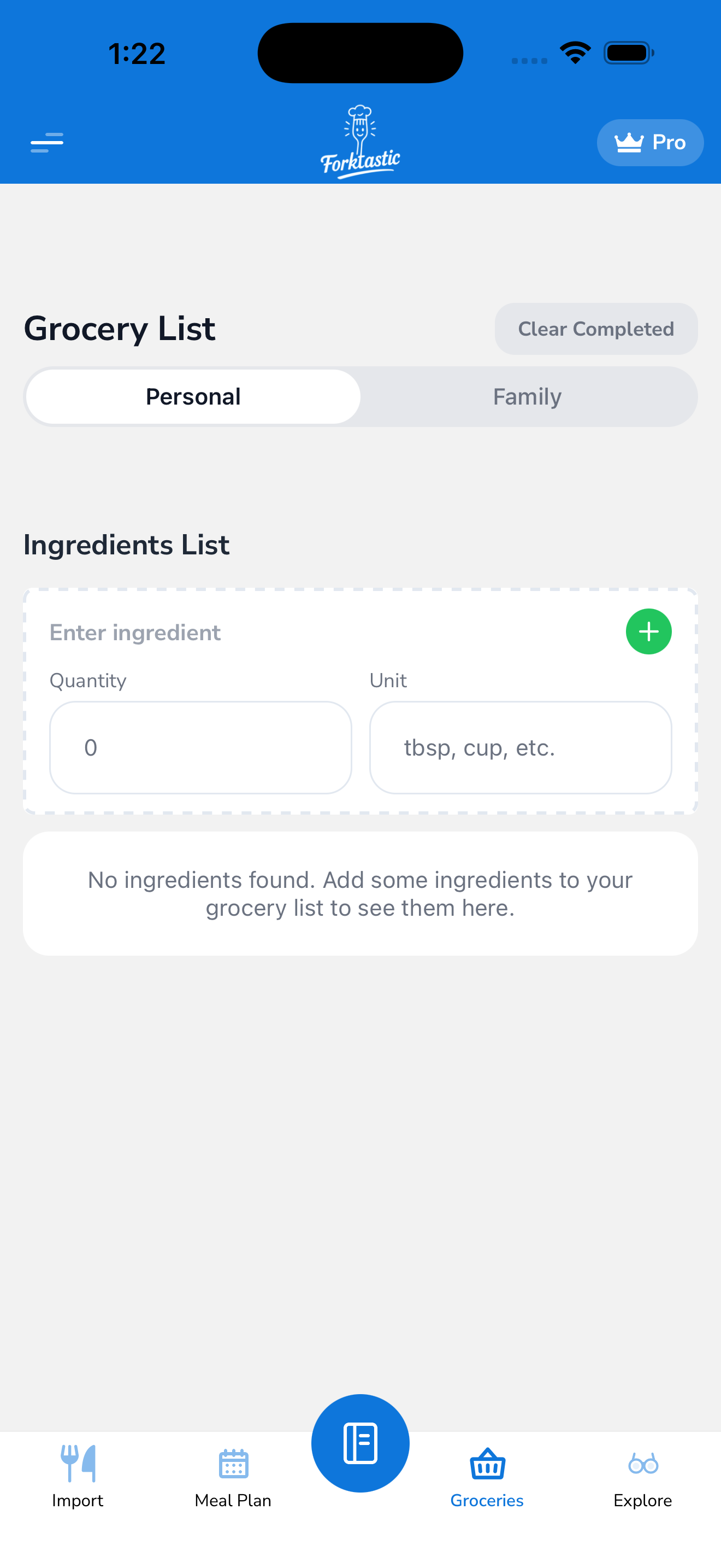 Forktastic Grocery tab — Personal/Family switcher, ingredient input, and active list.