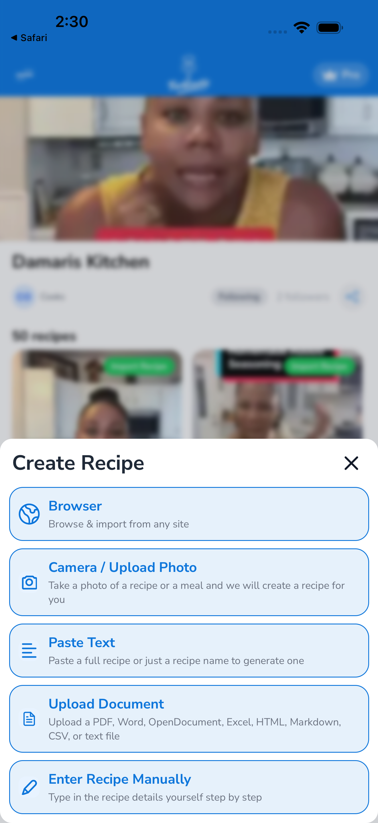 Create Recipe sheet with Camera/Upload Photo option