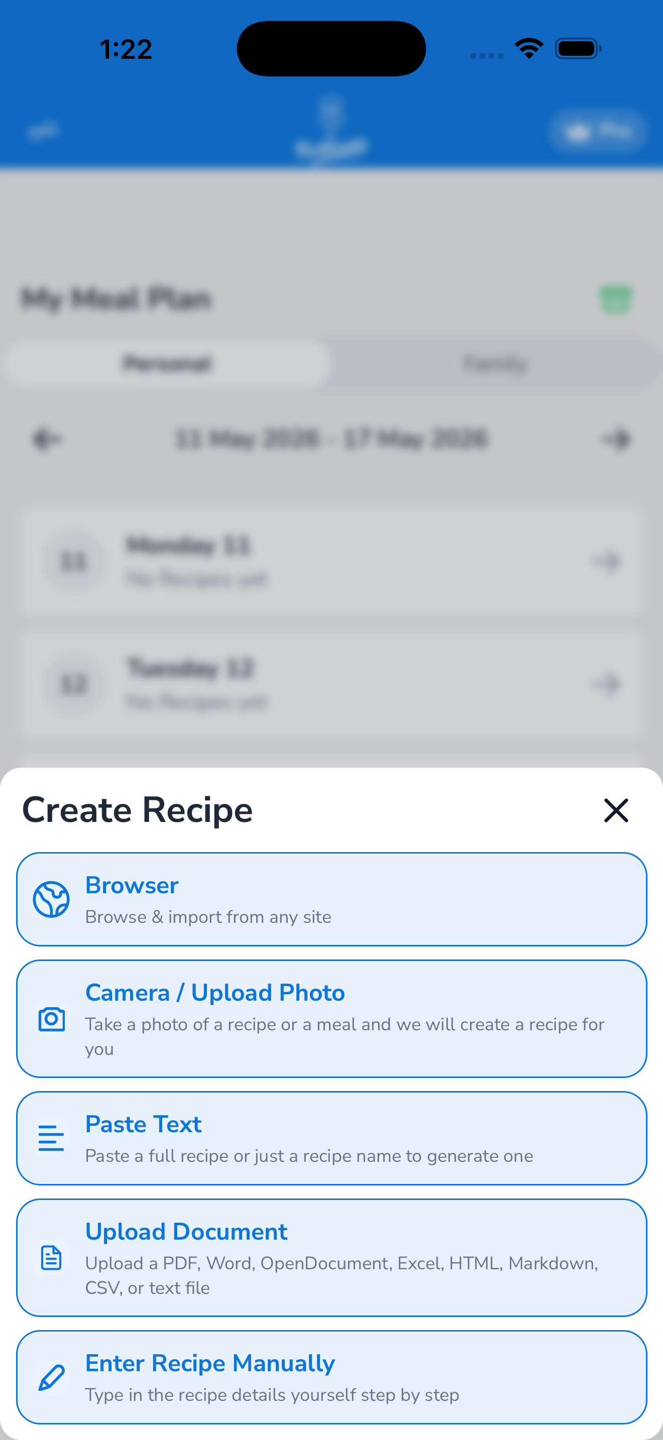 Create Recipe modal showing all the import methods Forktastic supports.