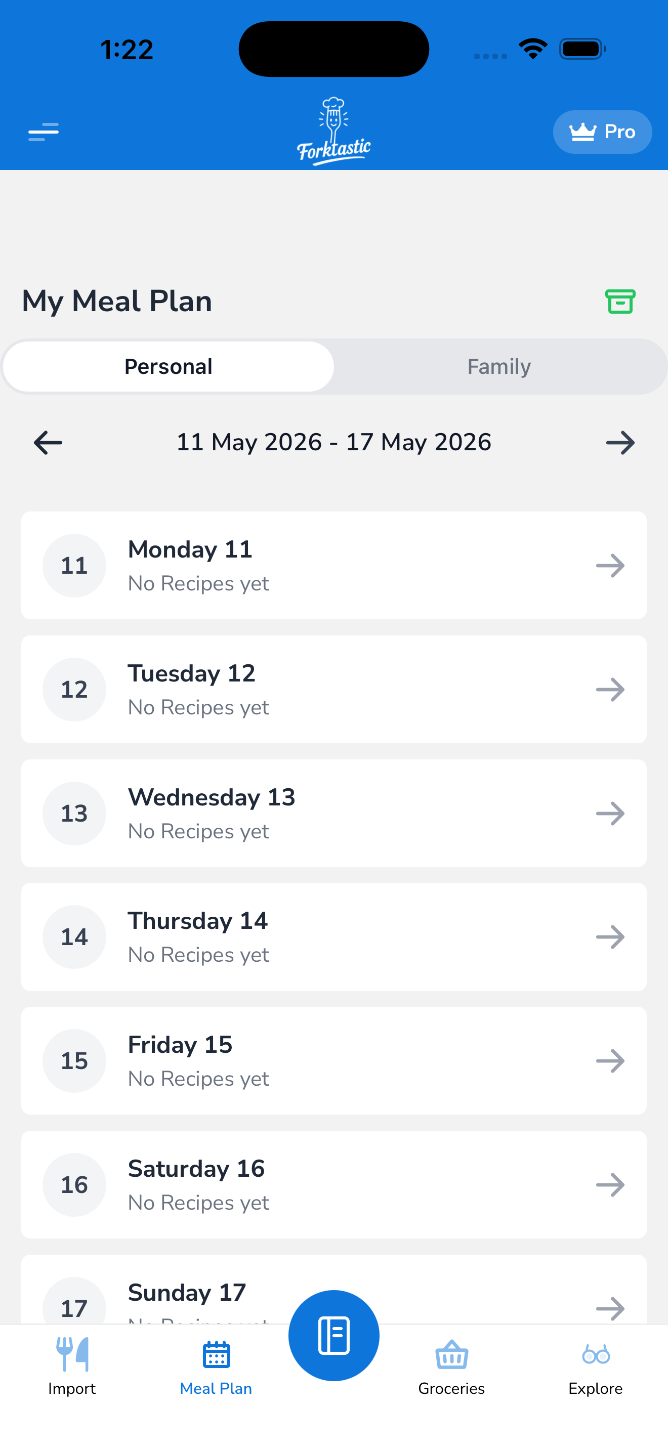 Forktastic Meal Plan tab — weekly calendar with day-by-day rows for breakfast / lunch / dinner / snack.