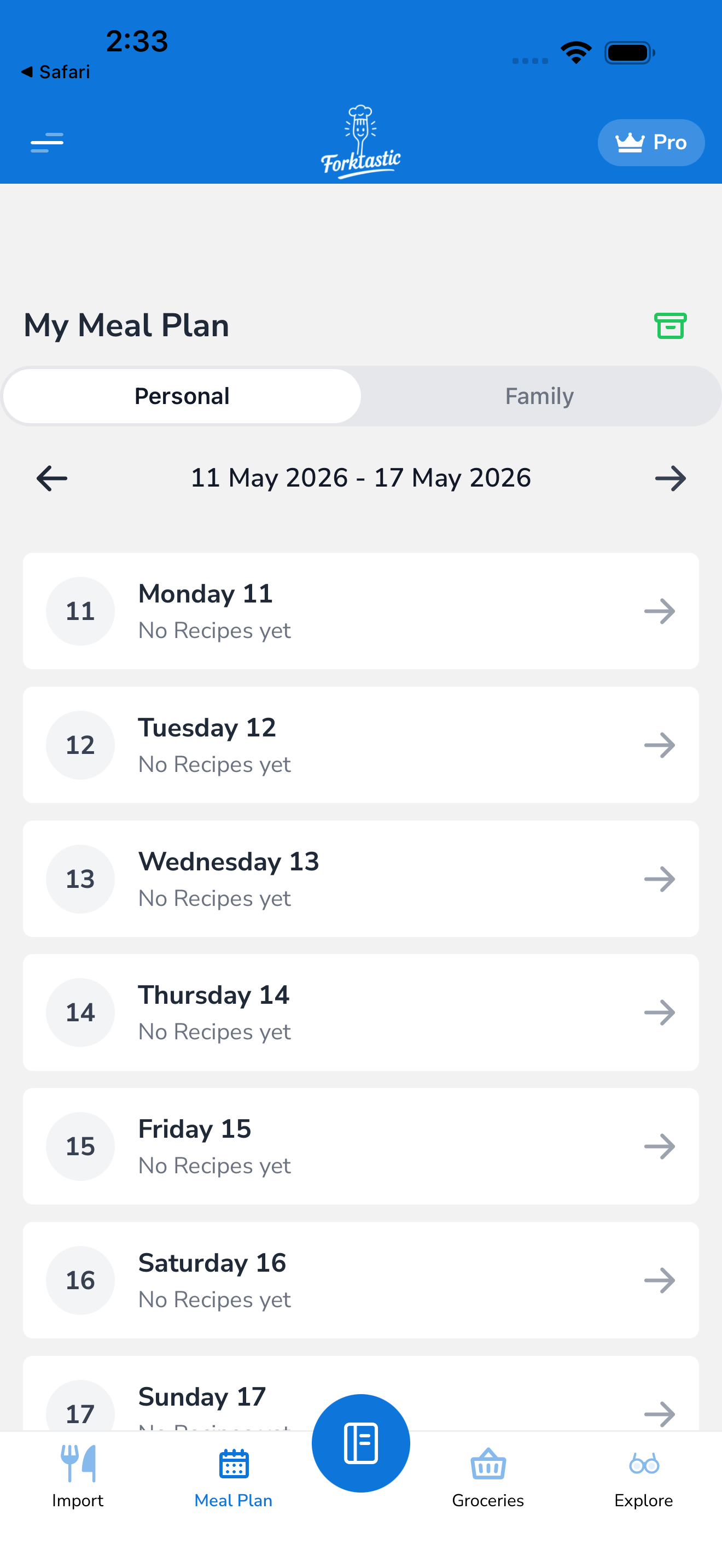 Meal Plan week view with empty day slot