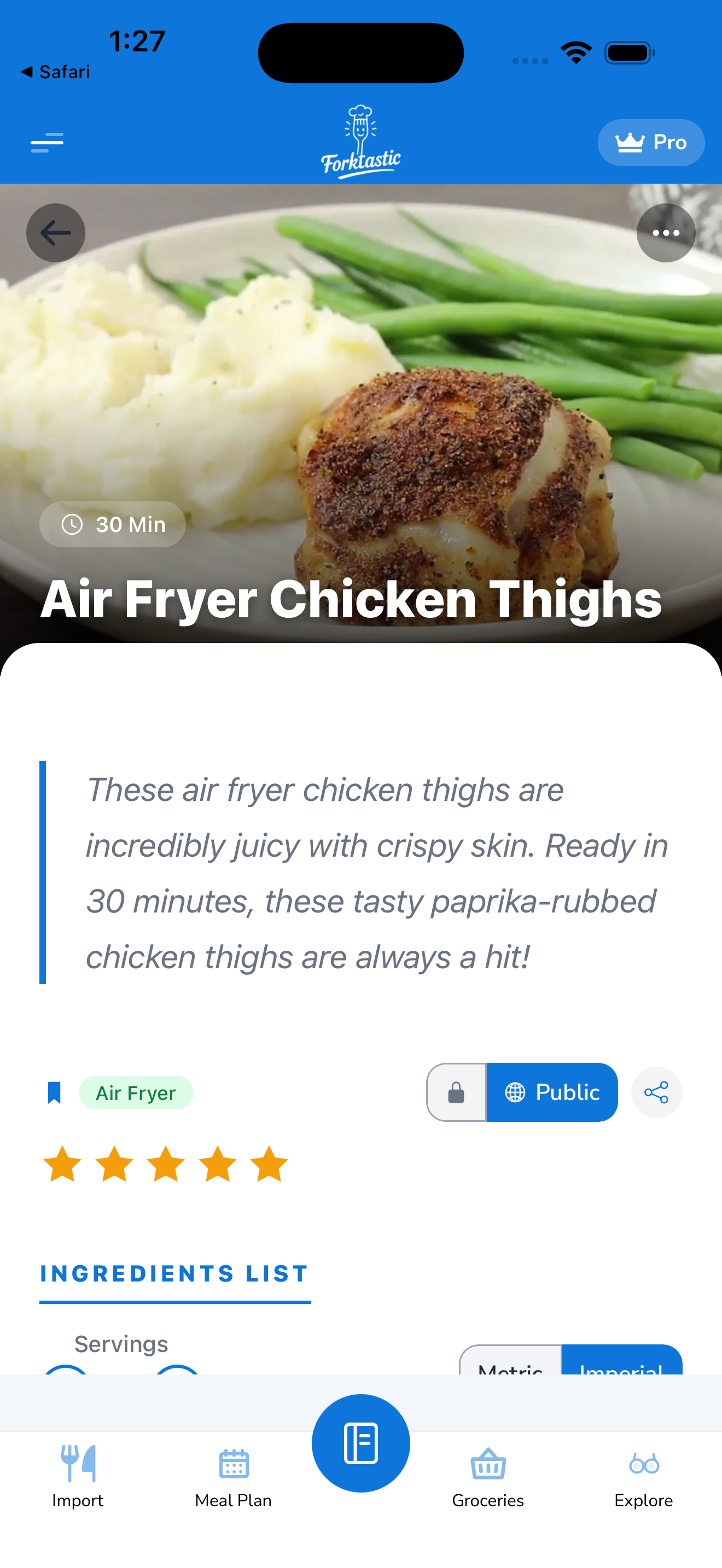 Recipe detail screen showing cover image, title, description, rating, and action bar.