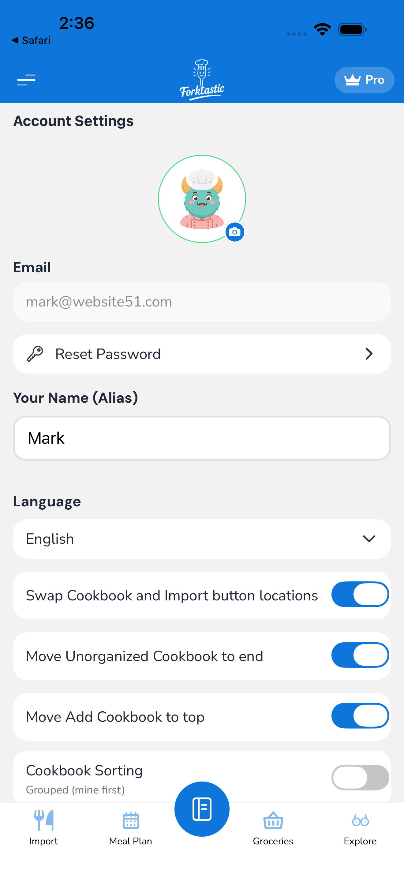 Account Settings with Language picker
