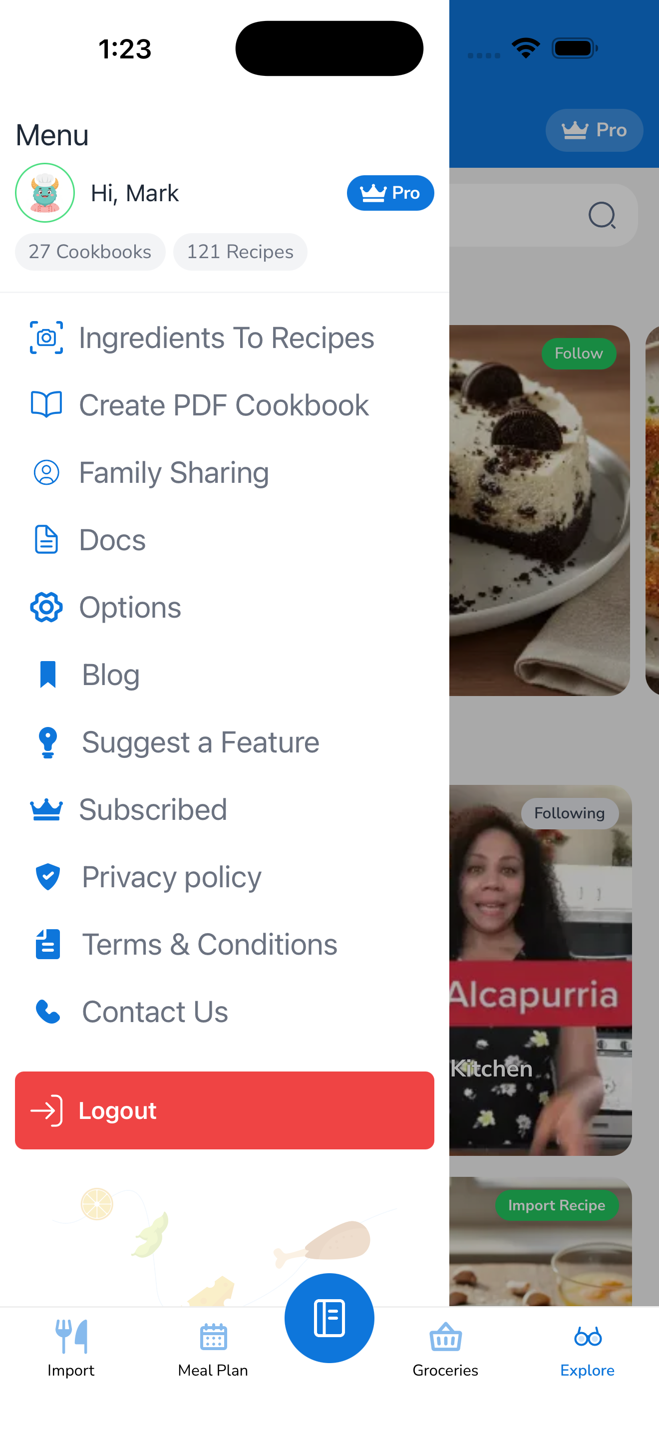 Forktastic side menu — your hub for Family Sharing, Subscription, Privacy, Logout, and other account settings.